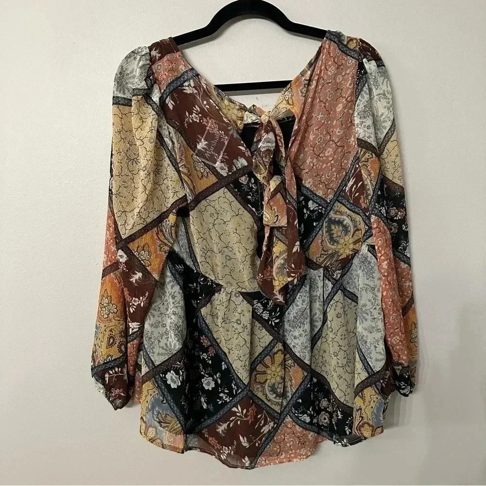 American Eagle Floral Long Sleeve Square Neck Tie Back Cutouts Size M NWOT - Picture 10 of 10
